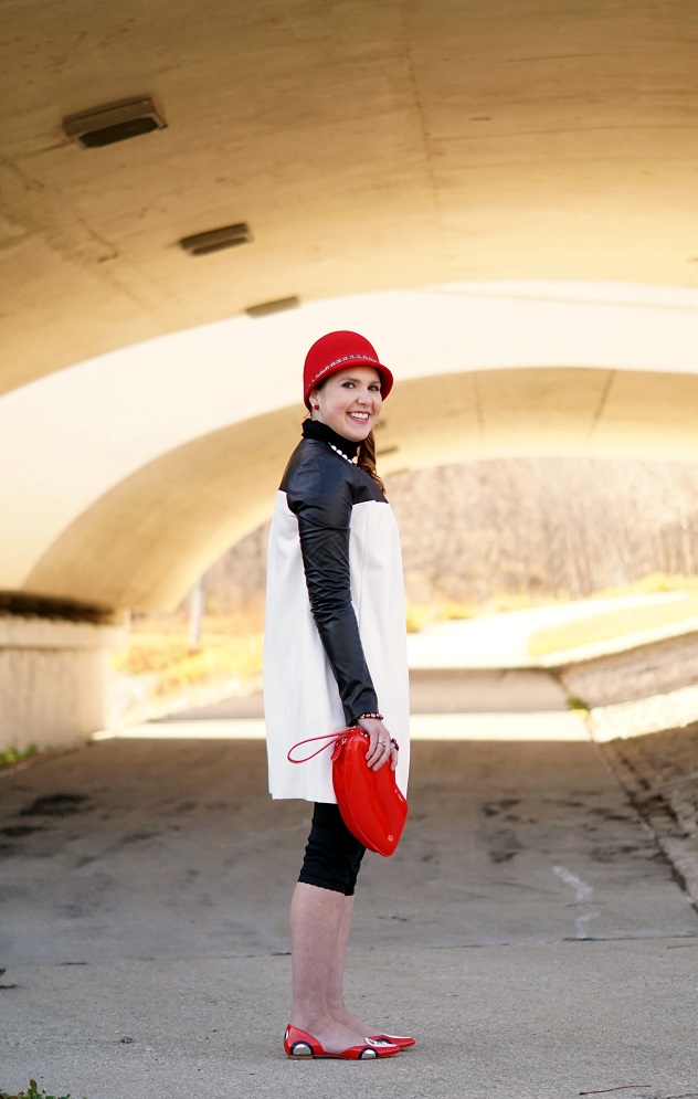 Winnipeg Style Mod inspired 60s outfit fall 2015, Danier Leather mod black white coat, INC International Concepts tunic, Vedette Shapewear Stephanie shaper, Kate Spade race car racer flats, Aldo red lip kiss clutch, Giovannio New York red wool retro hat